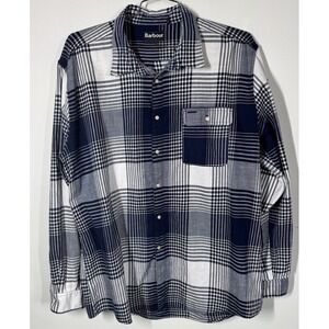 Barbour Mens Long Sleeve Button Up Shirt White Blue Plaid Cotton Pocket Size XXL